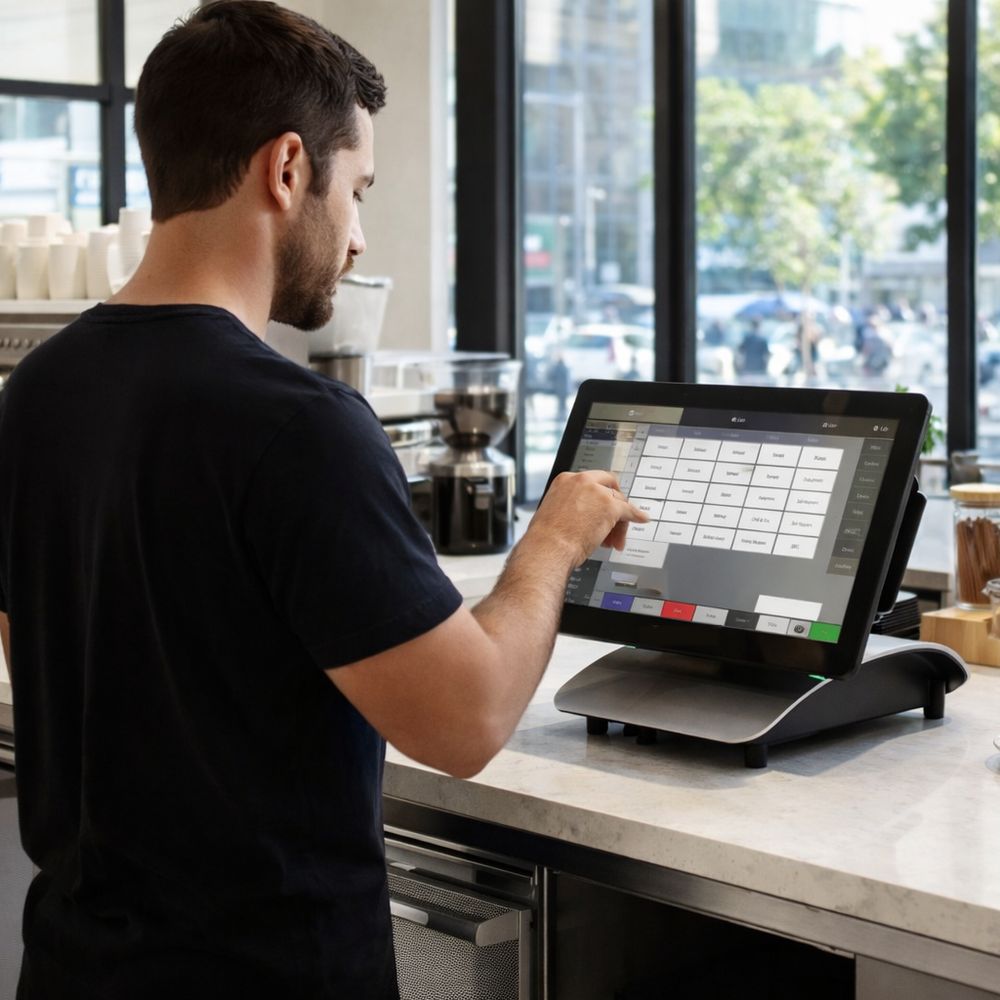 Café employee using a POS touchscreen workstation at the counter
